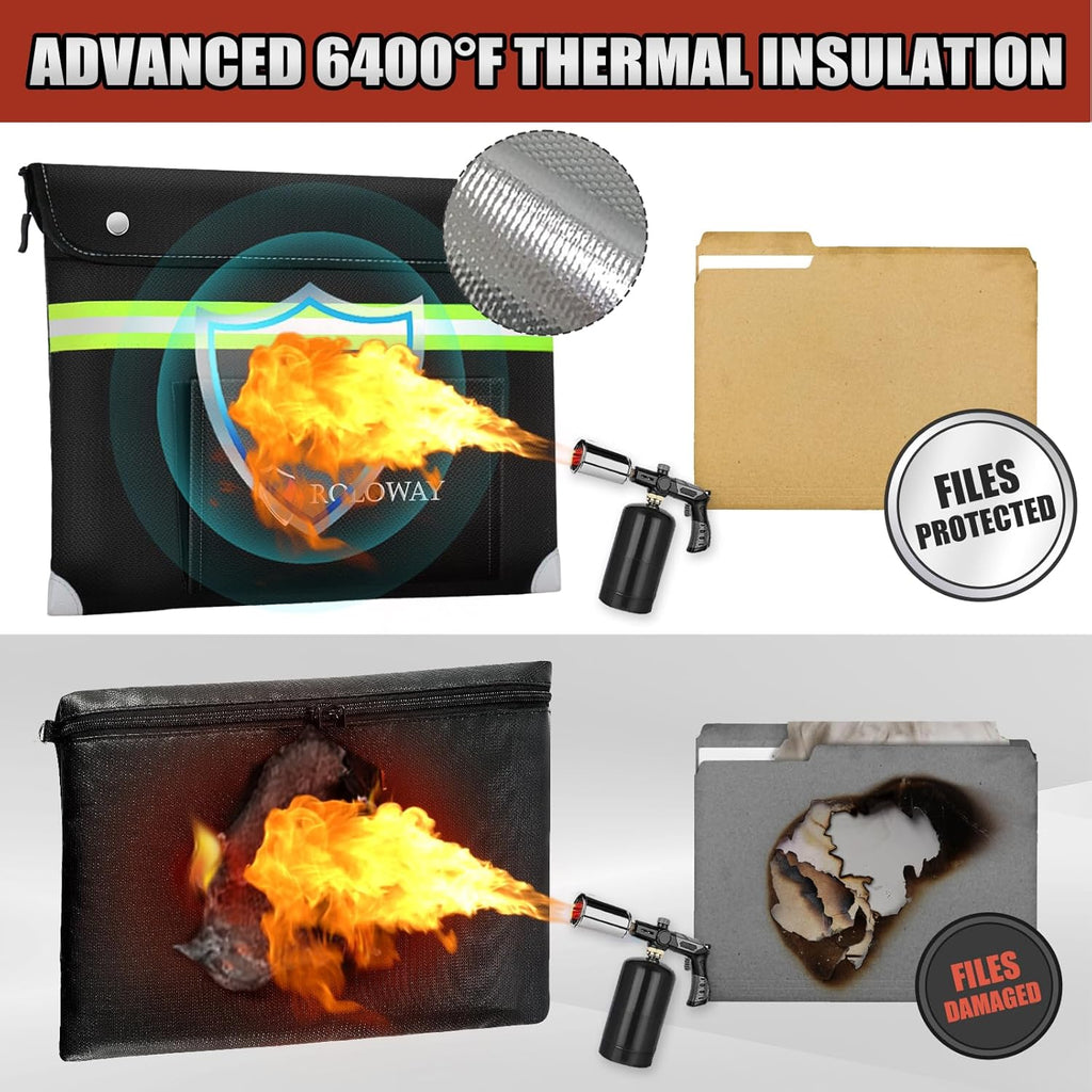 ROLOWAY Upgraded Fireproof Document Bag (14.5 x 11.5 inch) with 6400℉ Aluminum Foil Layer, Fireproof Safe Bag for Documents with Front Pocket and Reflective Strip