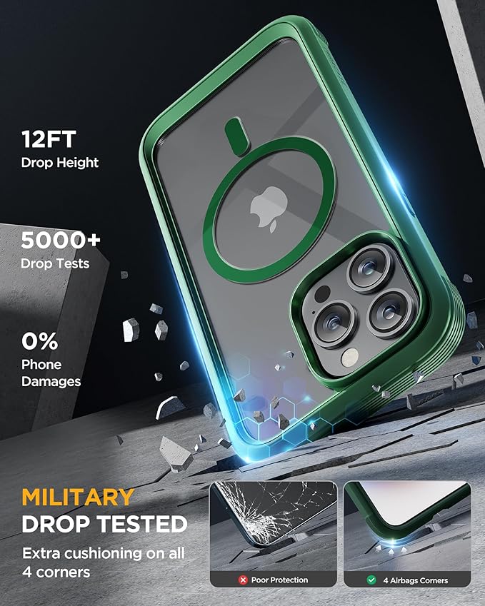 Miracase Magnetic for iPhone 15 Pro Case [Compatible with MagSafe] Full-Body Bumper Phone case with Built-in Glass Screen Protector& Camera Protector, Military Drop Proof 15 Pro Cover, Magnetic Green