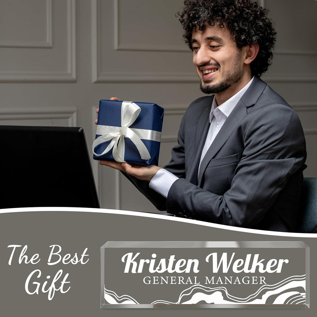 Personalized Name Plate for Desk - Custom Engraved Name Plates for Man - Boss Day Gifts for Boss - Acrylic Office Decor Appreciation Gifts for Teacher Nurse Coworker Social Worker (White Spray)