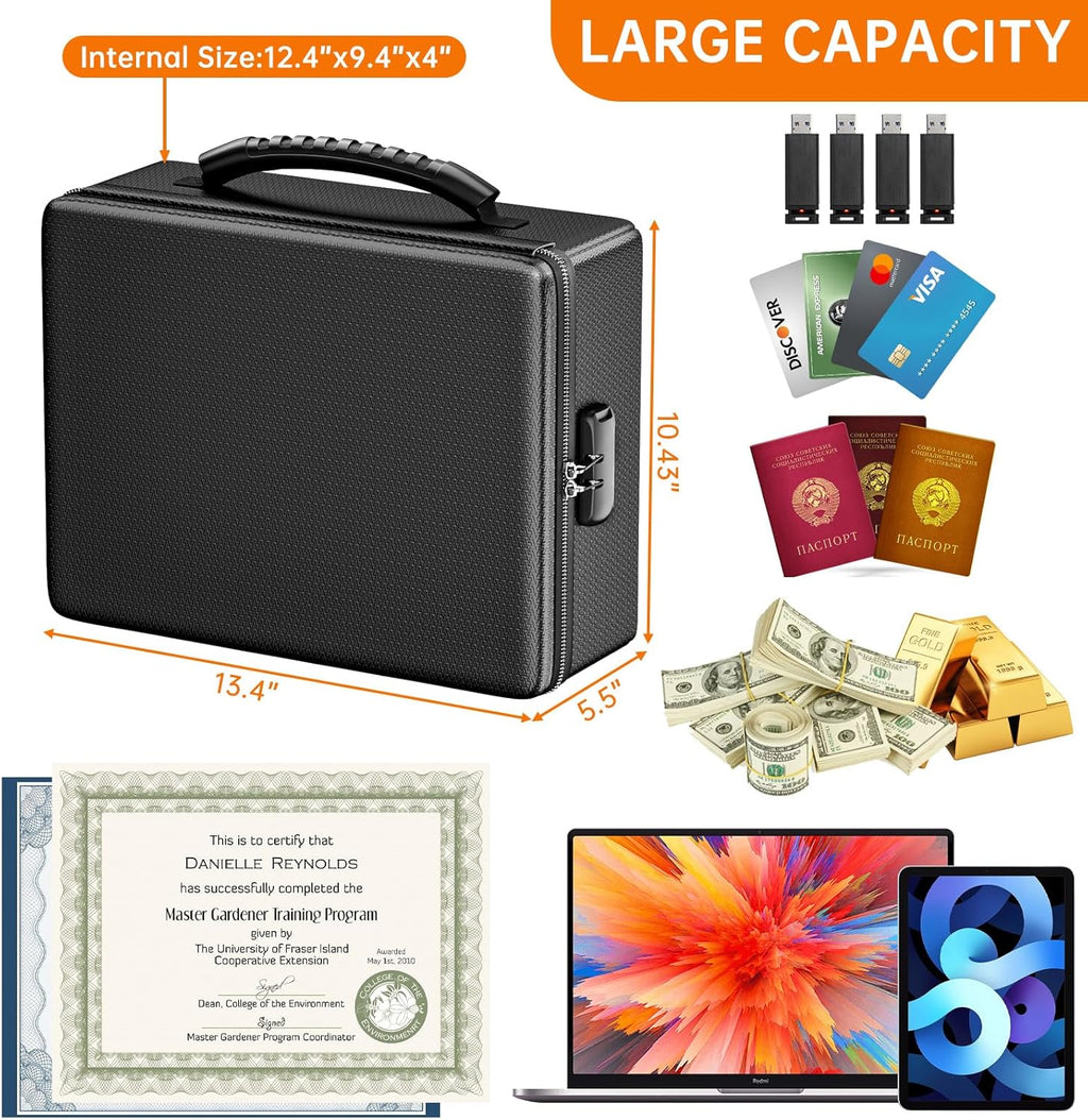 ENGPOW Fireproof Document Box with Lock, Fireproof Water Resistant Heat Insulated Safe Box Hard Case with Fireproof Zipper, Portable Home Office Travel File Organizer for Important Documents and More