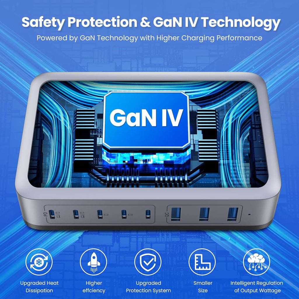 USB C Charger Block 515W[2025 Upgraded] GaN IV 8 Port Fast Charging Station Hub,Dual PD 100W USB C Laptop Charger Compatible with MacBook Pro/Air,iPad,iPhone 16/15,Galaxy S23/S24 Steam Deck Dell XPS