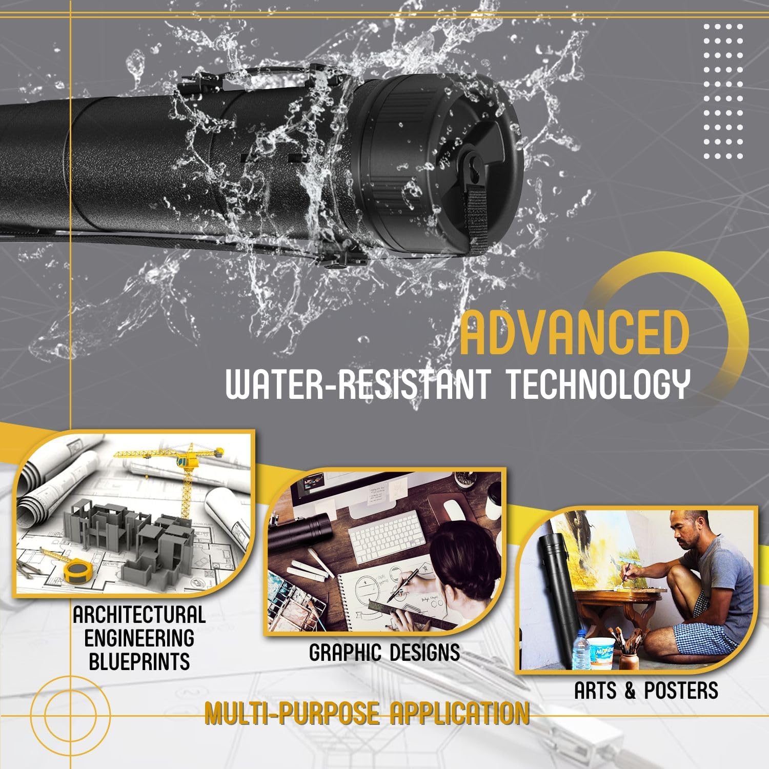 Flexzion Poster, Art, Document Tube with Strap, Expandable Waterproof Plastic Container, Telescoping Cylindrical Storage Case, Portable Paper Holder for Draft Sketch Blueprint, 6.5 IDx32-51.6 Inch