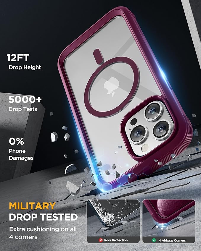 Miracase Magnetic for iPhone 12 Pro Max Case [Compatible with MagSafe] Full-Body Phone case with Built-in Glass Screen Protector& Camera Protector, Military Drop Proof 12 Pro Max Cover, Wine Red