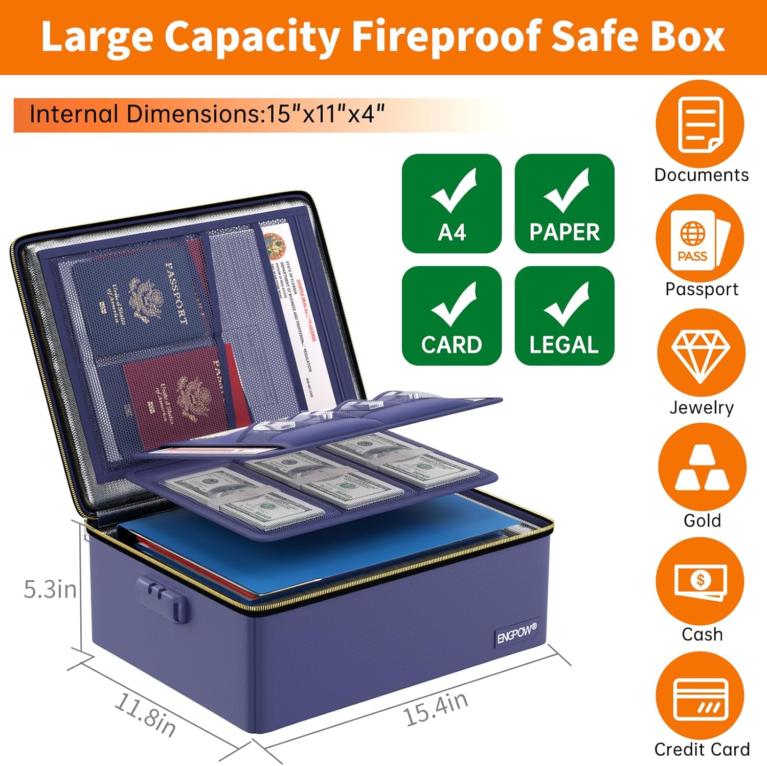 ENGPOW Fireproof Document Box, Hard Fireproof Box with Fireproof Zipper＆Lock, 6400°F Heat Insulated Fireproof Water Resistant File Organizer Storage Box Safe for Important Documents,Valuable,Blue