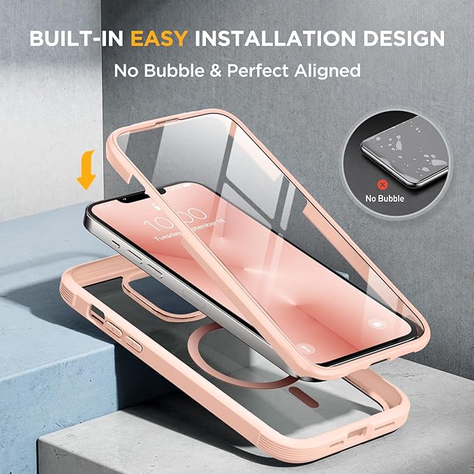 Miracase Magnetic Glass for iPhone 13 Pro Case,Compatible with MagSafe,Full-Body Bumper with Shockproof Military-Grade,Built-in 9H Tempered Glass Screen Protector for iPhone 13 Pro,Pink