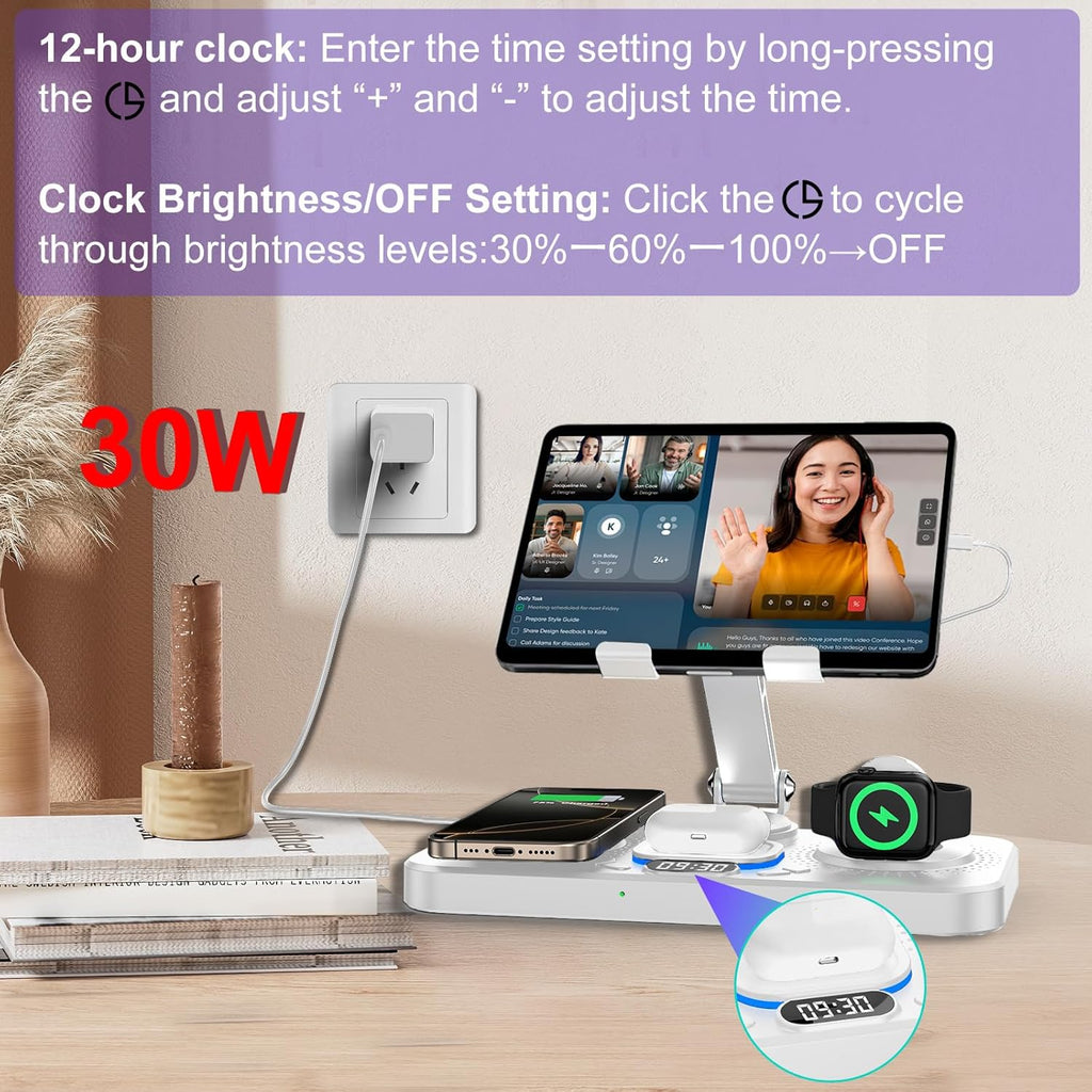 30W Charging Station for Apple Products, Foldable Wireless Charger with Clock Display&7 Color Light, Wired Charging for iPad/Tablet Charging Station for iPhone17, for Apple Watch10 for AirPods4(White