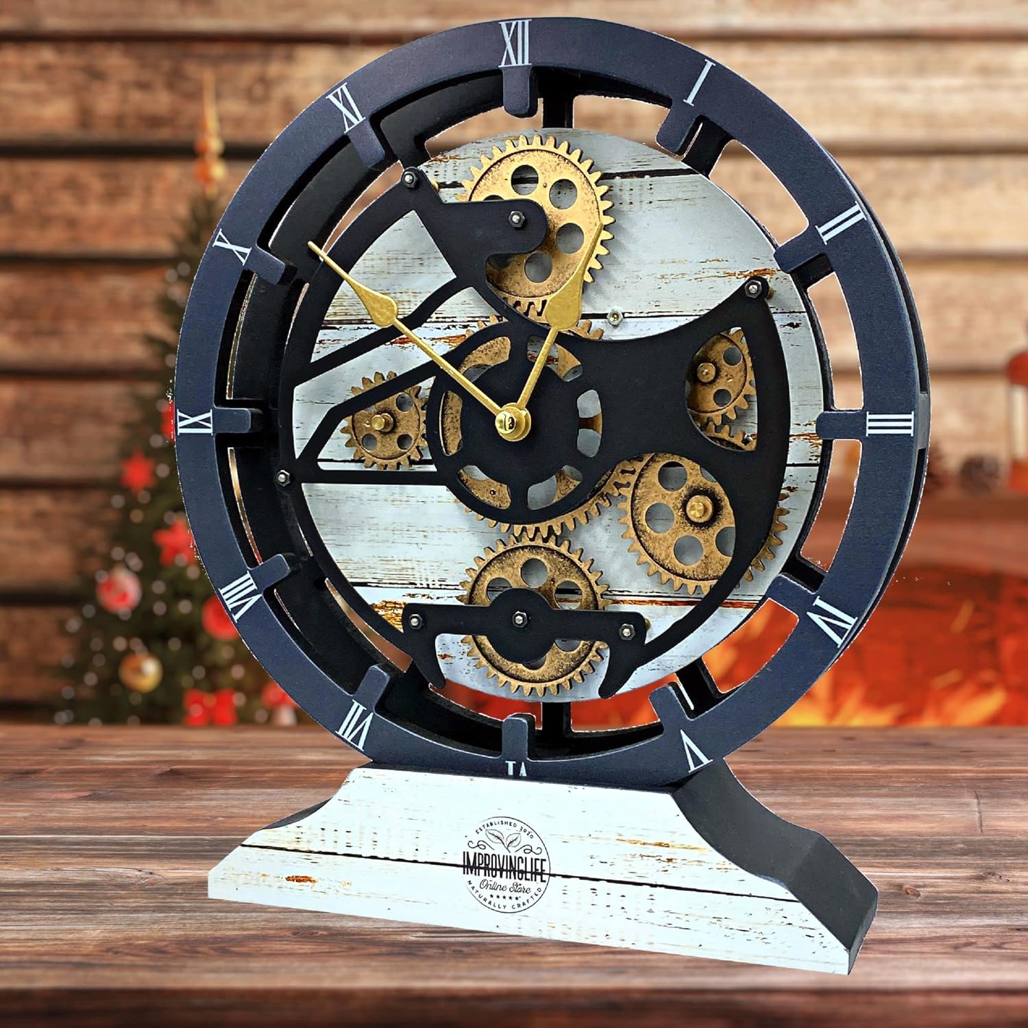 The Gears Clock Desk Clock 10 inches with Real Moving Gears Convertible into Wall Clock (Desert Beige)