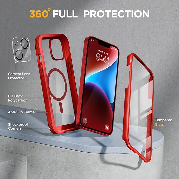 Miracase Magnetic for iPhone 14 Case 6.1", [Built-in Tempered Glass Screen Protector + Lens Protector] [Compatible with MagSafe] Full-Body Protective Bumper 14 Phone Cover, Red