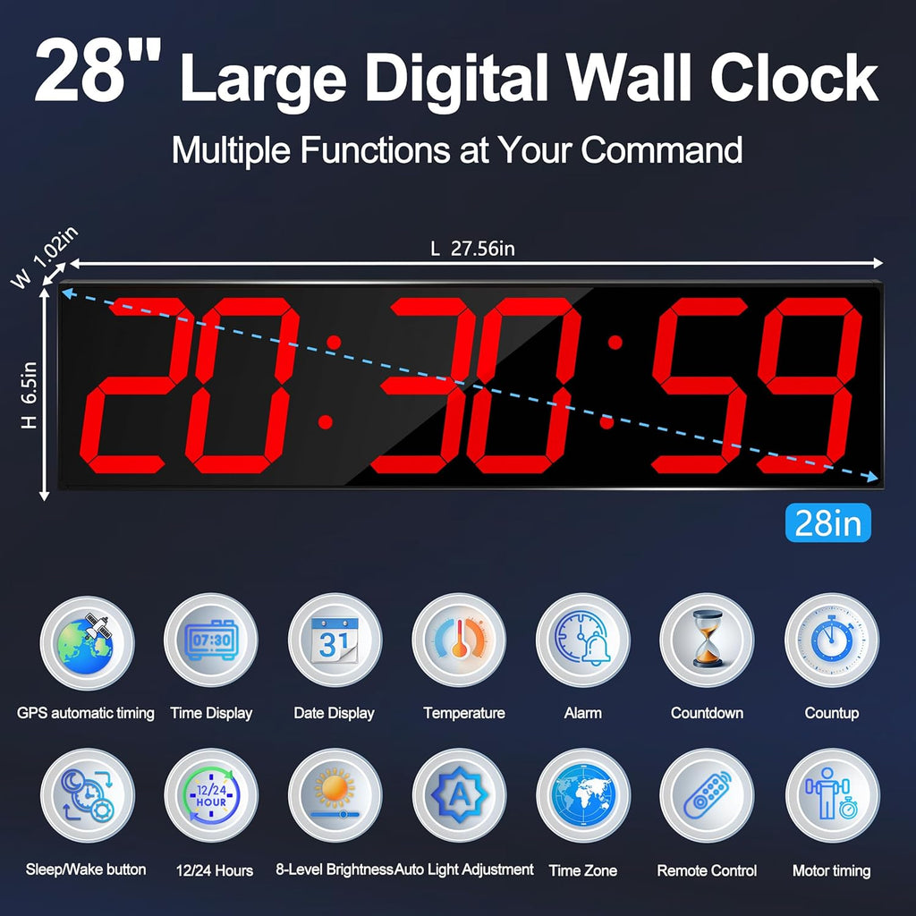Large Digital Wall Clock 28" with GPS Auto-Sync, Remote Control & Timer, Wall-Mounted for Classroom, Office, Gym, Conference Room