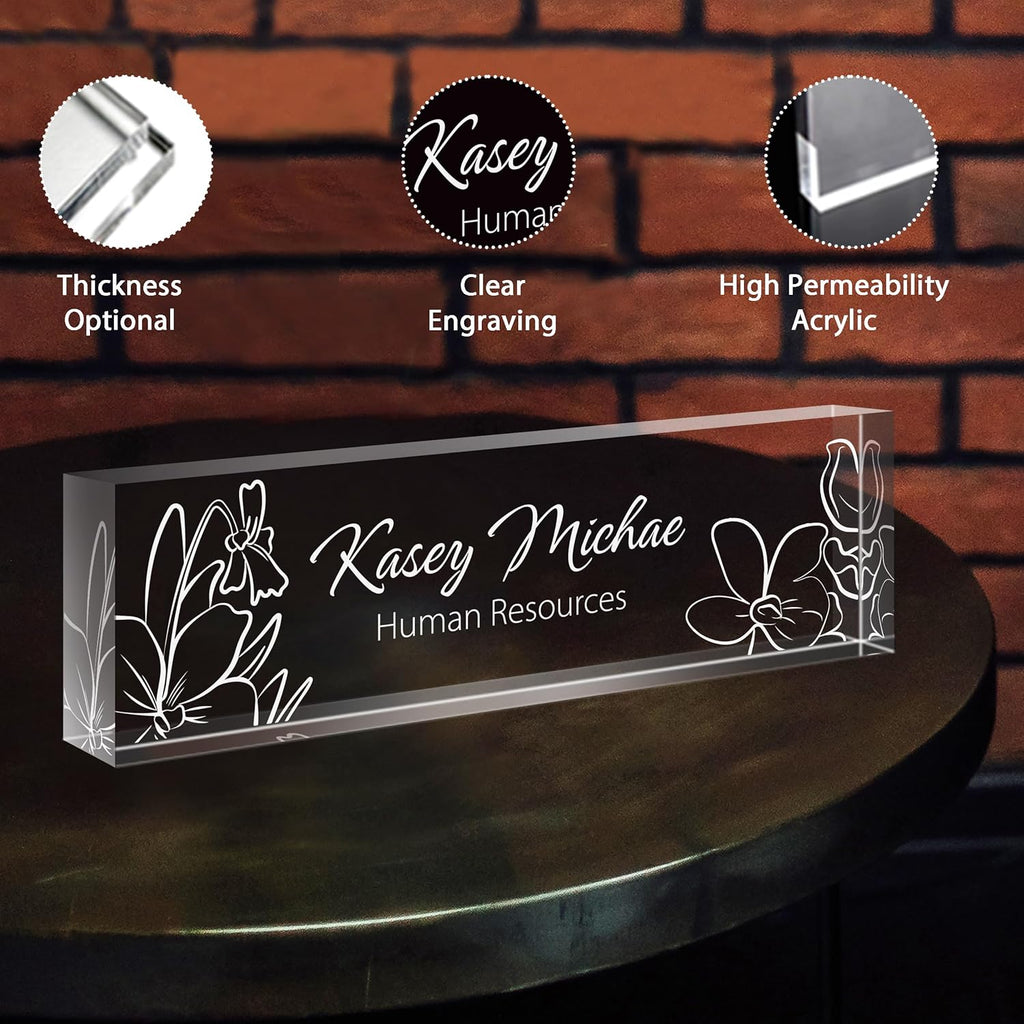 Personalized Name Plate for Desk - Custom Engraved Name Plates for Man - Boss Day Gifts for Boss - Acrylic Office Decor Appreciation Gifts for Teacher Nurse Coworker Social Worker (White Bloom)