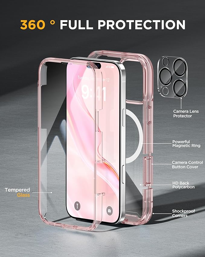 Miracase for iPhone 16 Pro Case Full-Body Phone with Built-in Glass Screen Protector, [Compatible with MagSafe] Military Drop Proof 16 Pro Cover Bumper 6.3 inch, Clear Pink