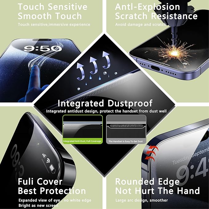 (2-Pack Anti Blue Light Matte Screen Protector for iPhone 14 Pro/15/16 (6.1-Inch),9H Tempered Glass,Anti-Glare,Full Coverage,Anti-Fingerprint,Auto Dust Removal,Bubble-Free