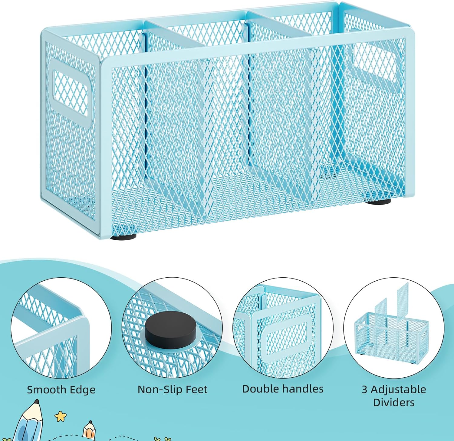 Marbrasse Mesh Pen Holder for Desk,Pencil Holder Desk Organizer 3 Adjustable Compartments,Pencil Cup with Handle Perfect for Classroom, Office, Home,Makeup,Art (Blue)