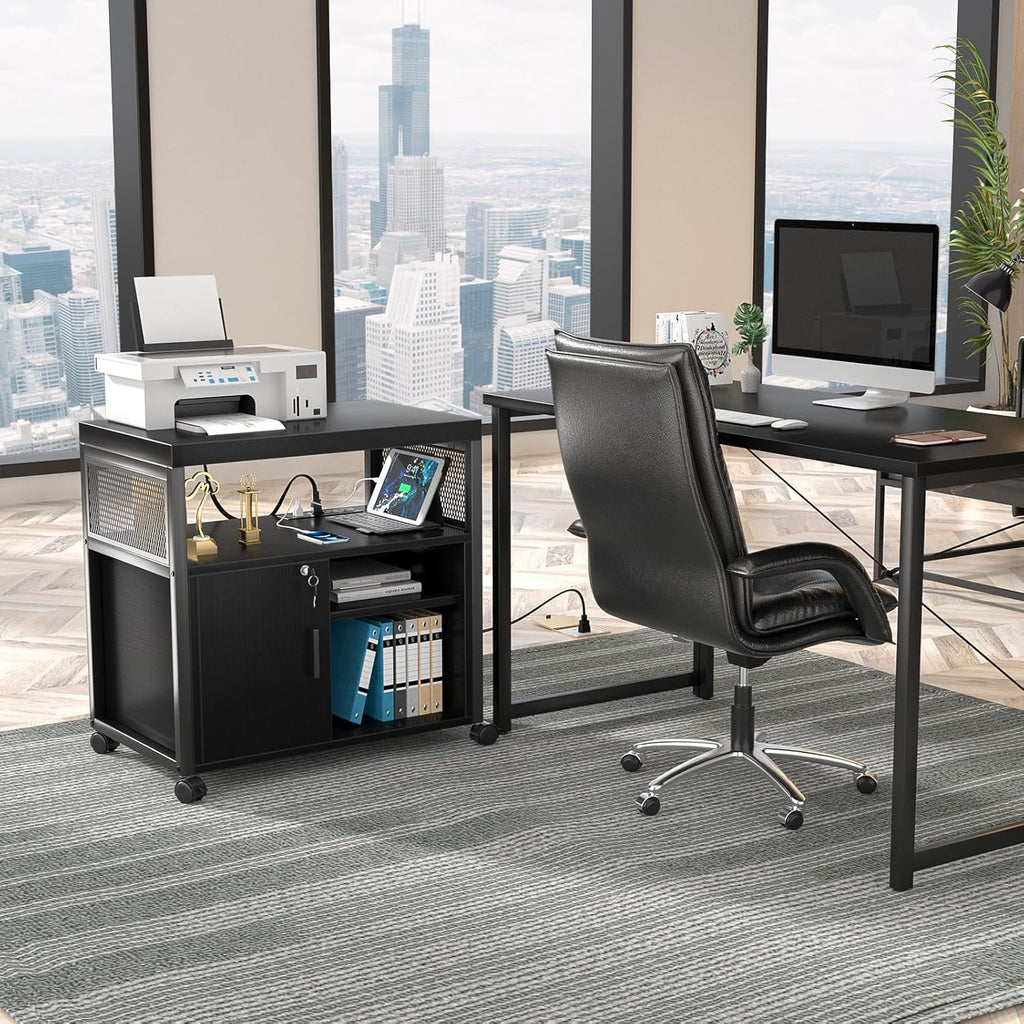 Unikito Lateral File Cabinet, Locking Office Filing Cabinets with Socket and USB Charging Port, Modern Rolling Printer Stand with Storage for A4, Letter Size and File Folders, Black