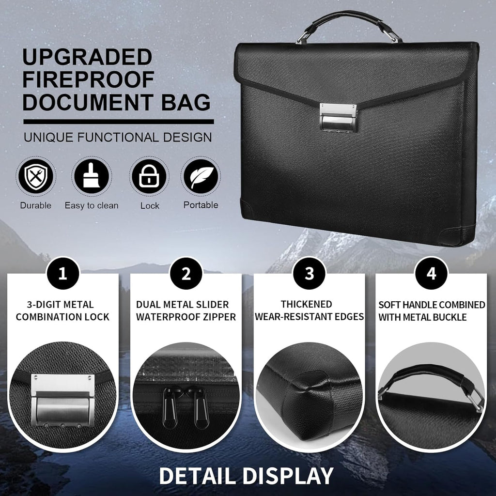 Fireproof Document Bag 14.5"X11"X2.5" Fireproof Money Bag for Cash With Lock and Zipper,Fire&Waterproof Storage Organizer Pouch for Valuables,Legal Document,Laptop,Passport,(Black)