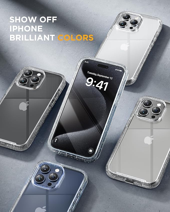 Miracase Glass Series for iPhone 15 Pro Max Case 6.7 Inch, Full-Body Drop Proof Phone Case for iPhone 15 Pro Max with Built-in 9H Tempered Glass Screen Protector + Camera Protector, Clear Glitter