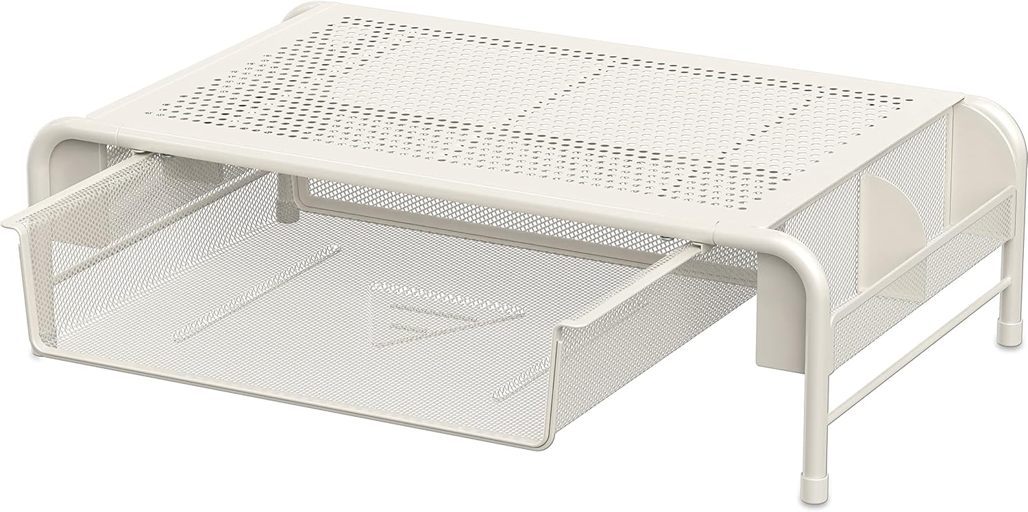 Simple Houseware Metal Desk Monitor Stand Riser with Organizer Drawer, White