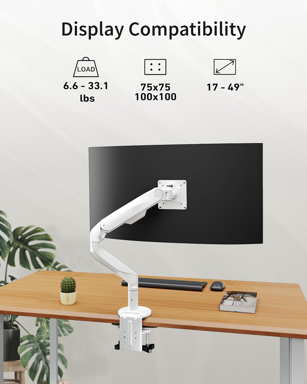 Ultrawide Single Monitor Mount, Adjustable Gas Spring Monitor Arm for 17 to 49 inch Screens, 75/100 Vesa Mount with C-Clamp and Grommet Base, White
