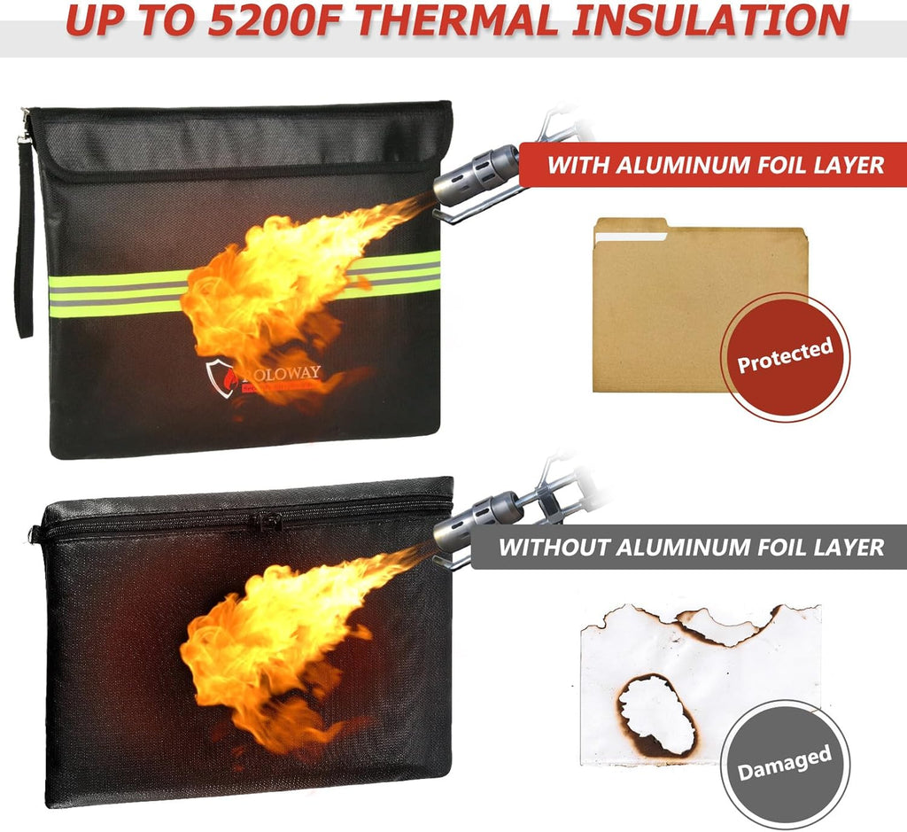 ROLOWAY Fireproof Document Bag (14 x 11 inch) with 5200℉ Upgraded Aluminum Foil Layer, Fireproof Bag for Documents with Reflective Strip and Zipper (Black)