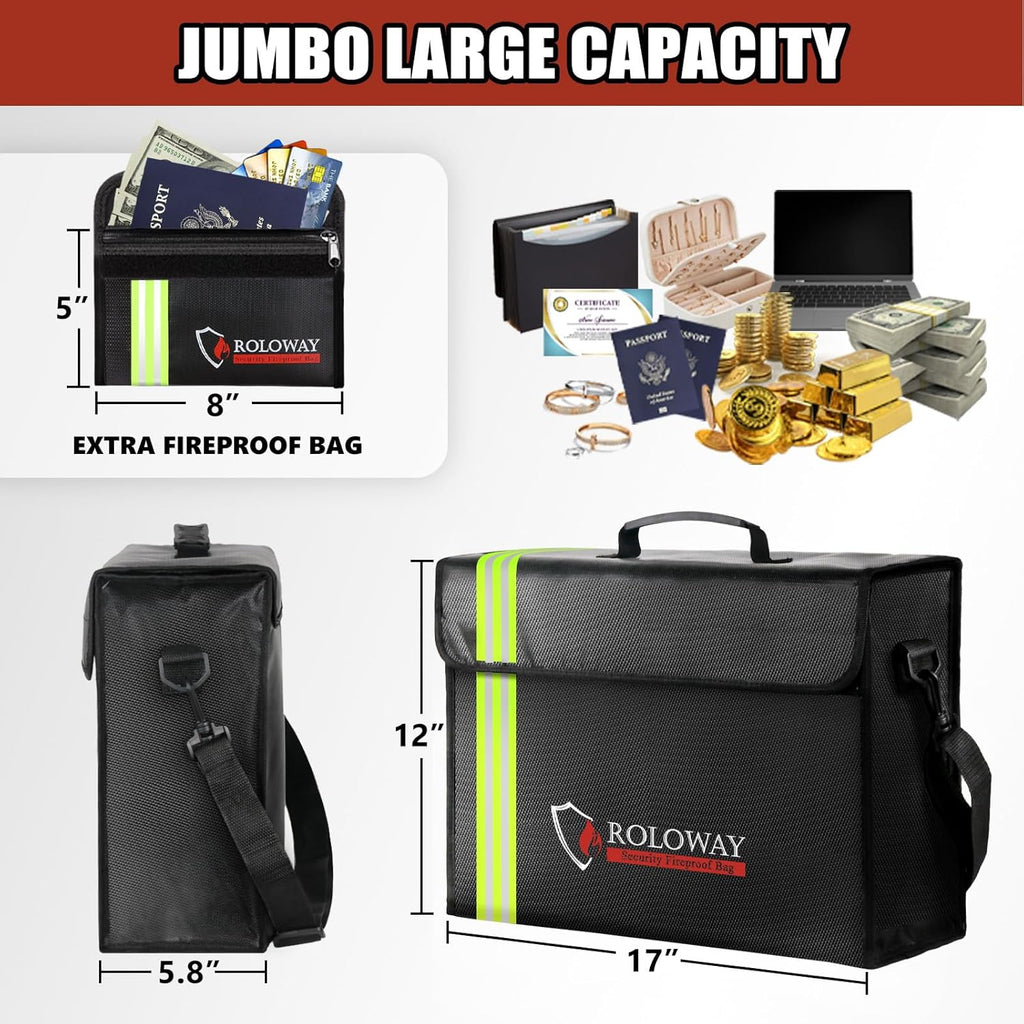 ROLOWAY Large Fireproof Bag 5200°F Heat Insulated (17 x 12 x 5.8 inches) with Reflective Strip, Fireproof Document Bag with Fireproof Money Bag for Cash Safe, Fireproof Safe Bag for Document Safe