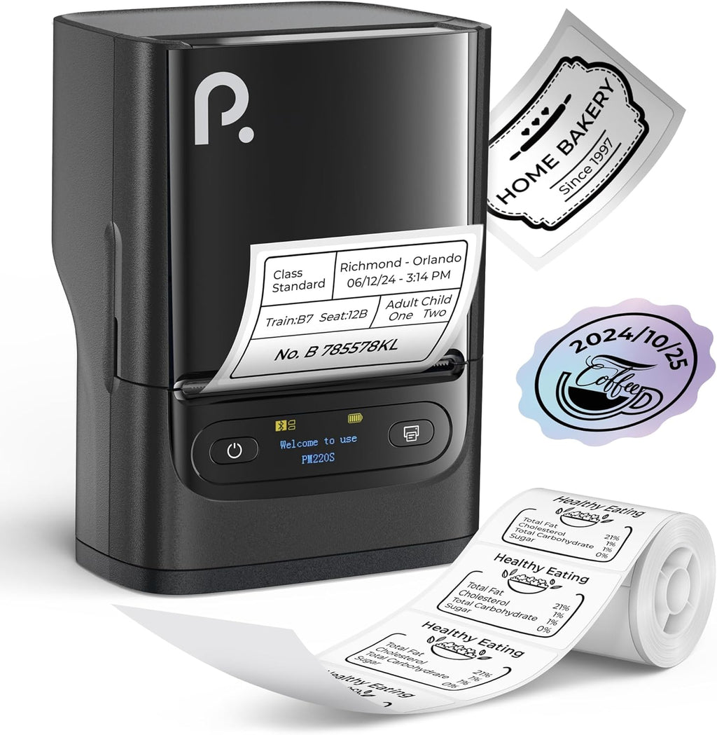 PM220S Label Maker Machine with Tape, 2 Inch Bluethooth Portable Thermal Label Printer for Small Business, Office, Home, Sticker Printer for Phone and PC, Black