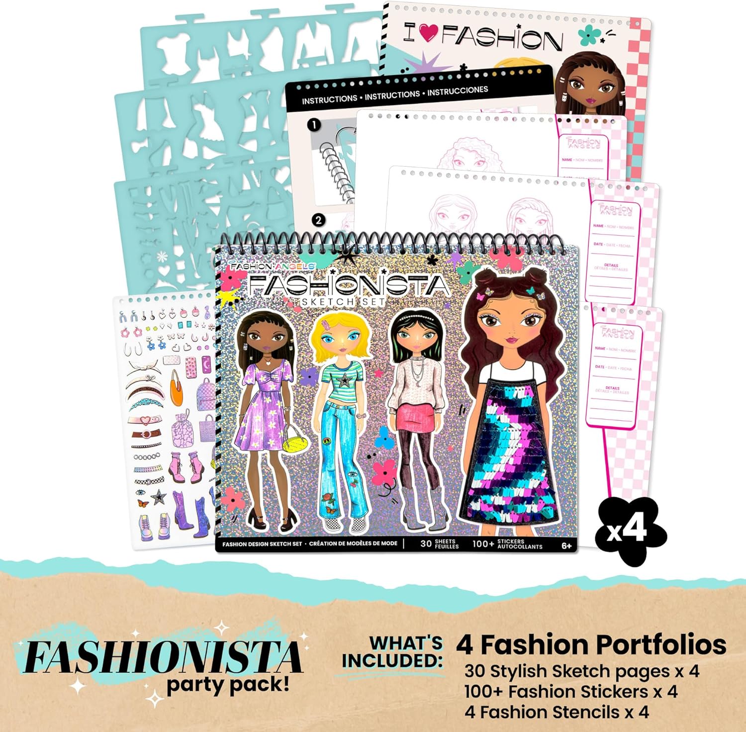 Fashion Angels Fashionista Sketch Sets Bundle, Bulk Pack of 4 Fashion Design Sketch Books, Ideal Gift & Party Favor for Girls, Kids, Tweens