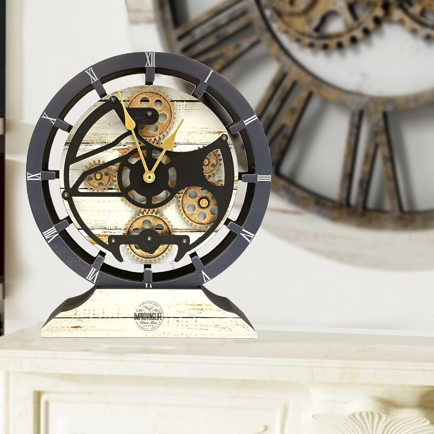 The Gears Clock Desk Clock 10 inches with Real Moving Gears Convertible into Wall Clock (Desert Beige)