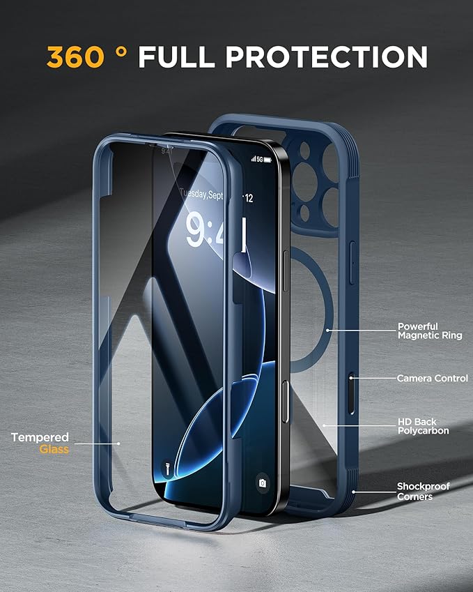 Miracase Magnetic for iPhone 16 Pro Case Full-Body Phone with Built-in Glass Screen Protector, [Compatible with MagSafe] Military Drop Proof 16 Pro Cover Bumper 6.3 inch, Blue