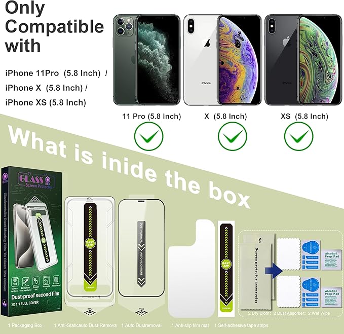 (2-Pack Ultra HD Clear Screen Protector for iPhone X/XS/11 Pro (5.8-Inch),9H Tempered Glass,Full Coverage,Anti-Fingerprint,Auto Dust Removal,Bubble-Free,Easy Installation