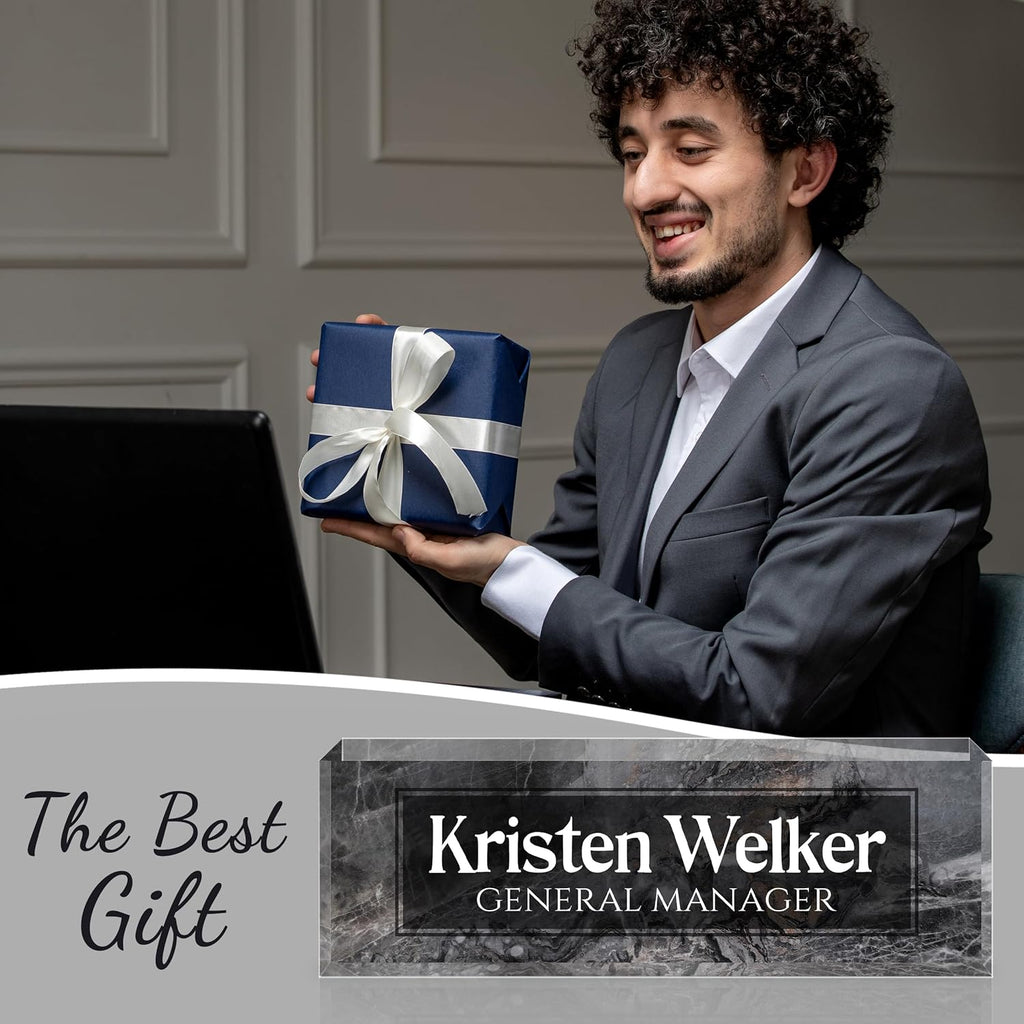 Personalized Name Plate for Desk - Custom Engraved Name Plates for Man - Boss Day Gifts for Boss - Acrylic Office Decor Appreciation Gifts for Teacher Nurse Coworker Social Worker (Gray/Black)