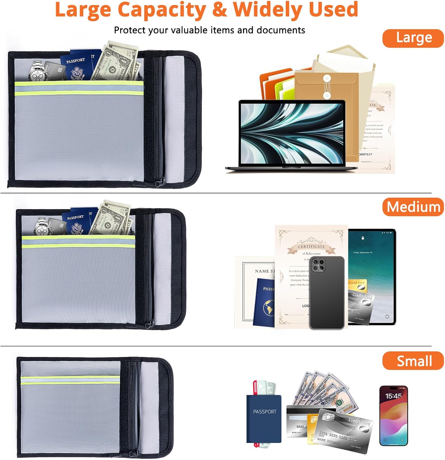 Fireproof Document Bag 3 Pack (15"x11", 13"x10", 10"x8") – Fireproof & Waterproof Money Bags with Zipper & Reflective Strip | Document Holder for Cash, Passports, Birth & Marriage Certificates