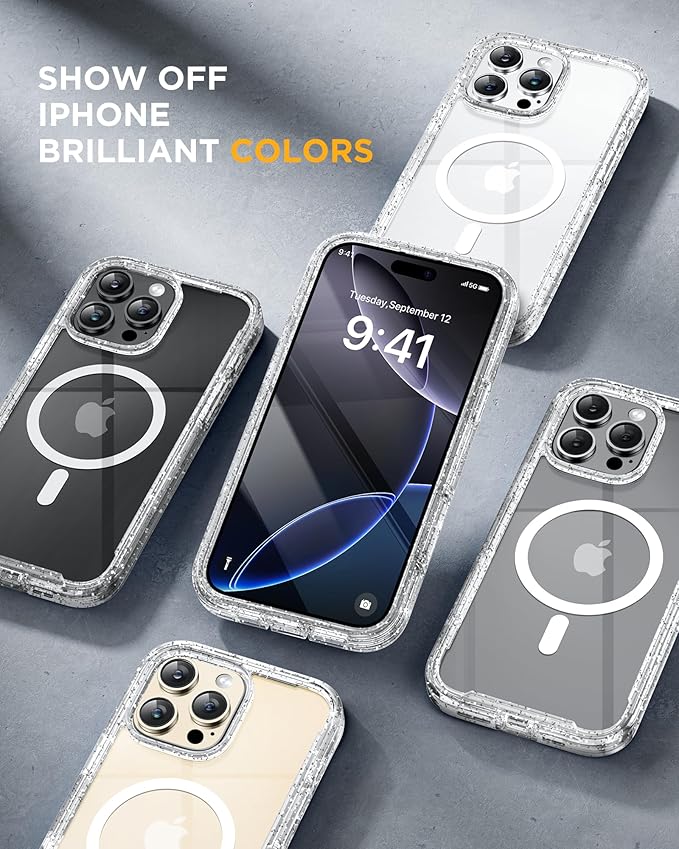 Miracase for iPhone 16 Pro Max Case 6.9'', [Bubble Free] Full-Body Bumper Phone case with Built-in Full Glass Screen &Lens Protector,Compatible with MagSafe,Drop Proof 16 Pro Max Cover,Clear Glitter