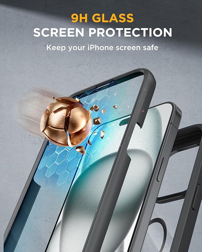 Miracase Glass Series for iPhone 15 Case [Compatible with MagSafe] Full-Body Magnetic Bumper Case with Built-in 9H Tempered Glass Anti-Fingerprint Screen Protector + Camera Lens Protector, Black