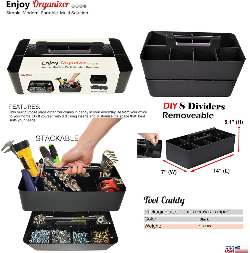 -Large Portable Caddy, DIY Dividers, 8 Compartments, School Office Supplies Home Business Organizer,Portable Basket with Handle Storage Organizer Modern Made in USA (3 PACK, Black)