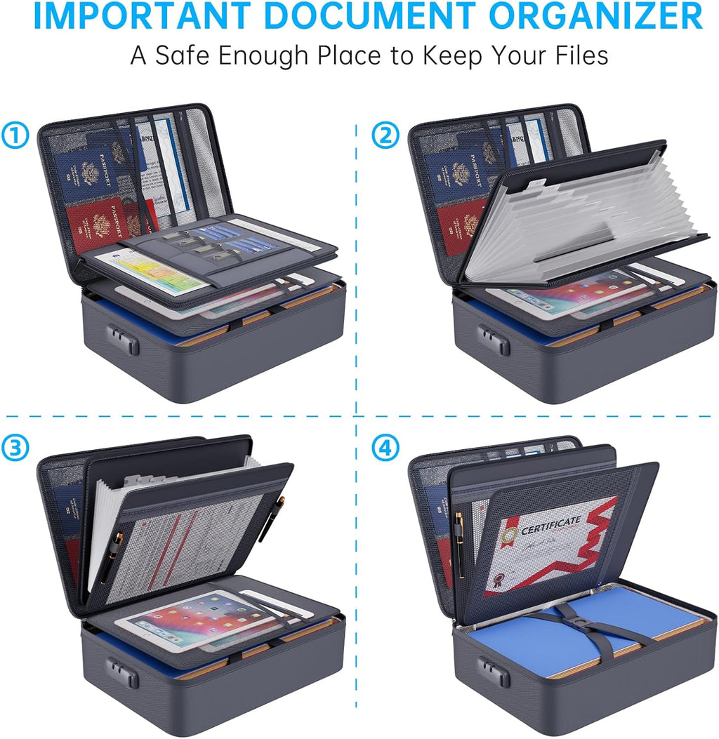 ENGPOW 5200℉ Fireproof File Organizer Bag with 13 Pocket Accordion File Folder,Document Organizer Box with Lock&Labels,Multi-Layer Portable Home Travel Safe Storage Box for Important Documents,Gray