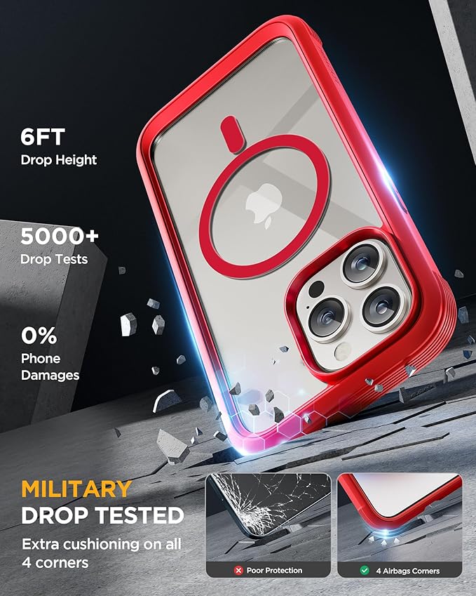 Miracase Magnetic for iPhone 15 Pro Case Full-Body Bumper Phone case with Built-in Glass Screen Protector& Camera Protector, Military Drop Proof 15 Pro Cover, Magnetic Red