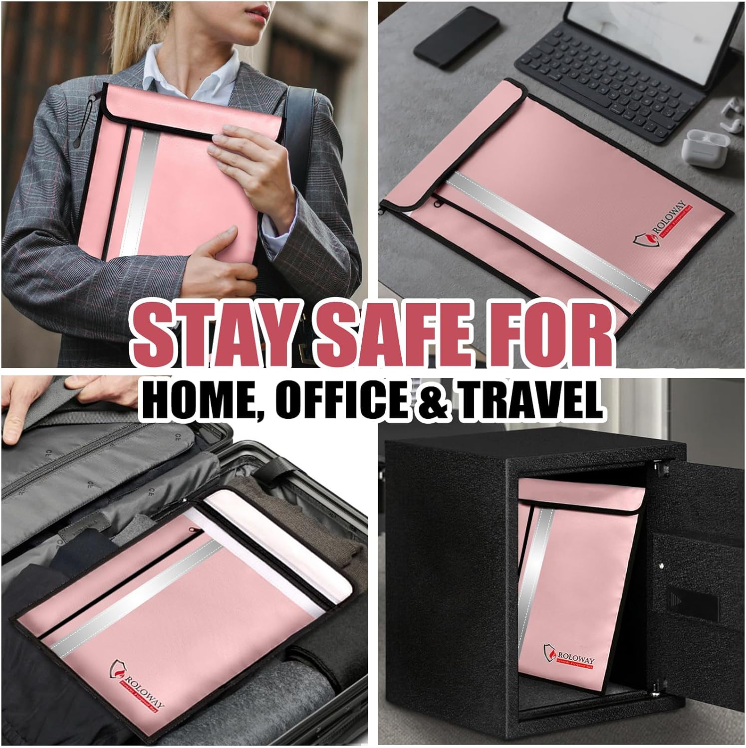 ROLOWAY Fireproof Document Bag (15.5 x 11.5 inch) with 2 Pockets and 5200℉ Aluminum Foil Layer, Fireproof Bag for Document Safe Fireproof Document Bag, Fireproof Money Bag (Pink)