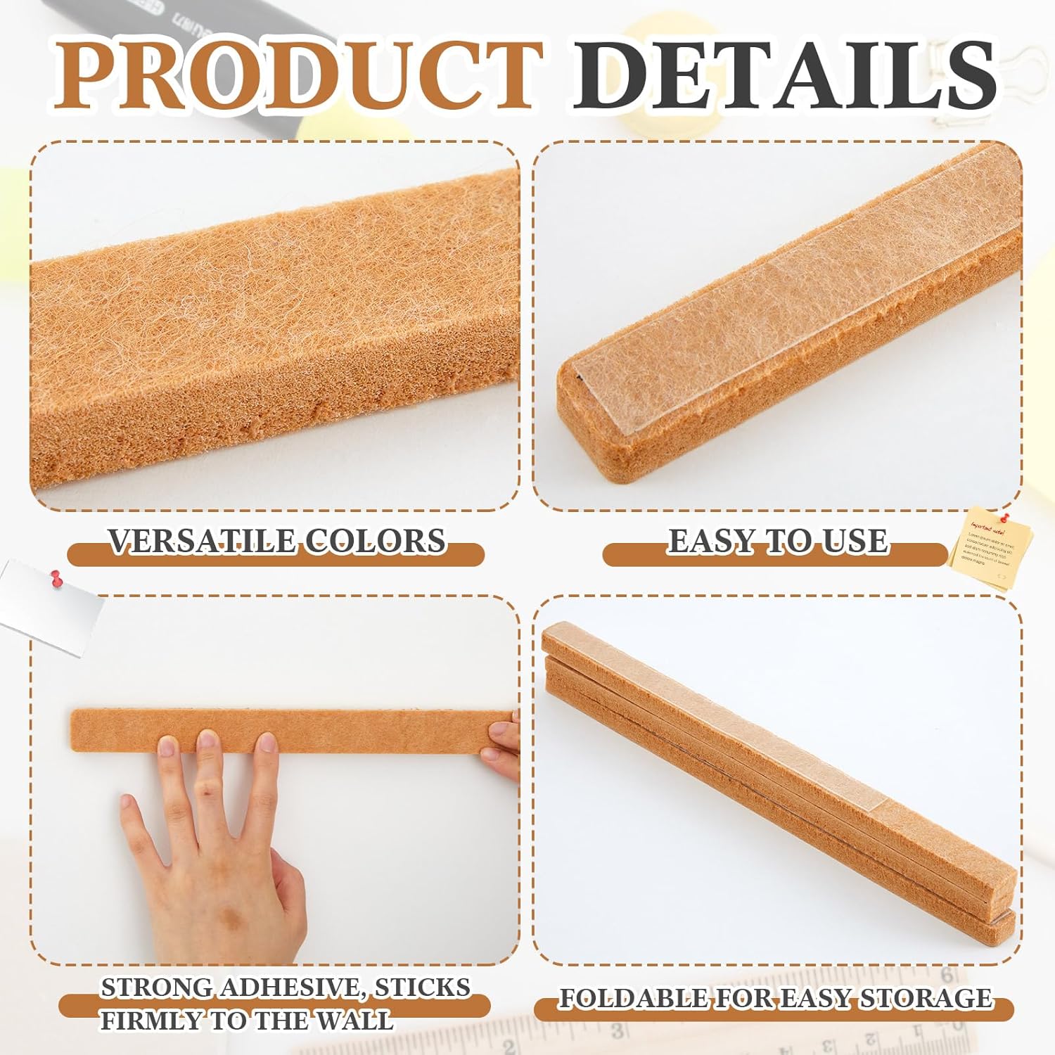 4 Pcs 36" x 1" Felt Cork Strips Bulletin Bar Strip for Wall Bulletin Board Decoration, Notice Board Self Adhesive Cork Wall Decoration, Paste Note, Photo, Schedules, Office Home Decor(Brown)