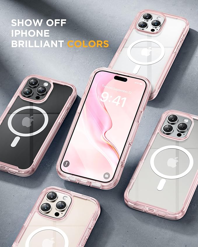 Miracase for iPhone 16 Pro Case Full-Body Phone with Built-in Glass Screen Protector, [Compatible with MagSafe] Military Drop Proof 16 Pro Cover Bumper 6.3 inch, Clear Pink