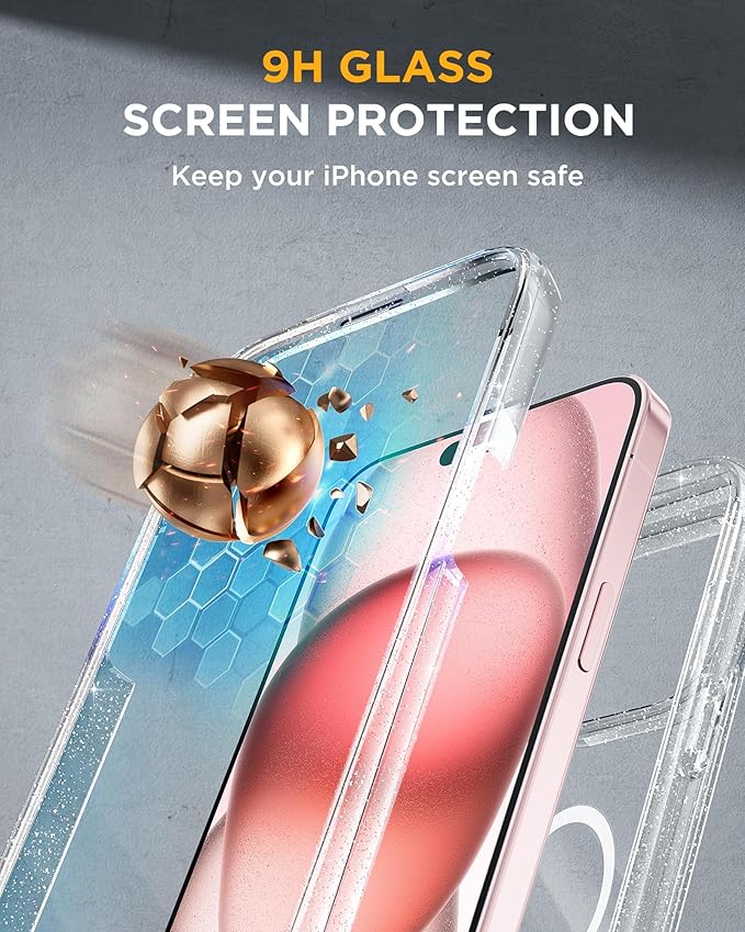 Miracase Glass Series for iPhone 15 Case [Compatible with MagSafe] Full-Body Magnetic Case with Built-in 9H Tempered Glass Anti-Fingerprint Screen Protector + Camera Lens Protector, Clear Glitter
