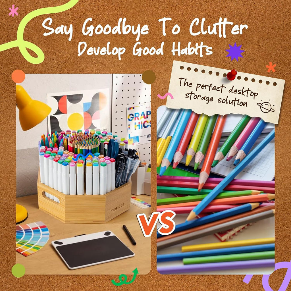 360° Rotating Art Supply Organizer, Holds 750+ Pencils, Bamboo Marker & Pen Holder with Handles, Desk Storage Caddy for Paint Brushes, Crayons, Ideal for Office, Home, Classroom