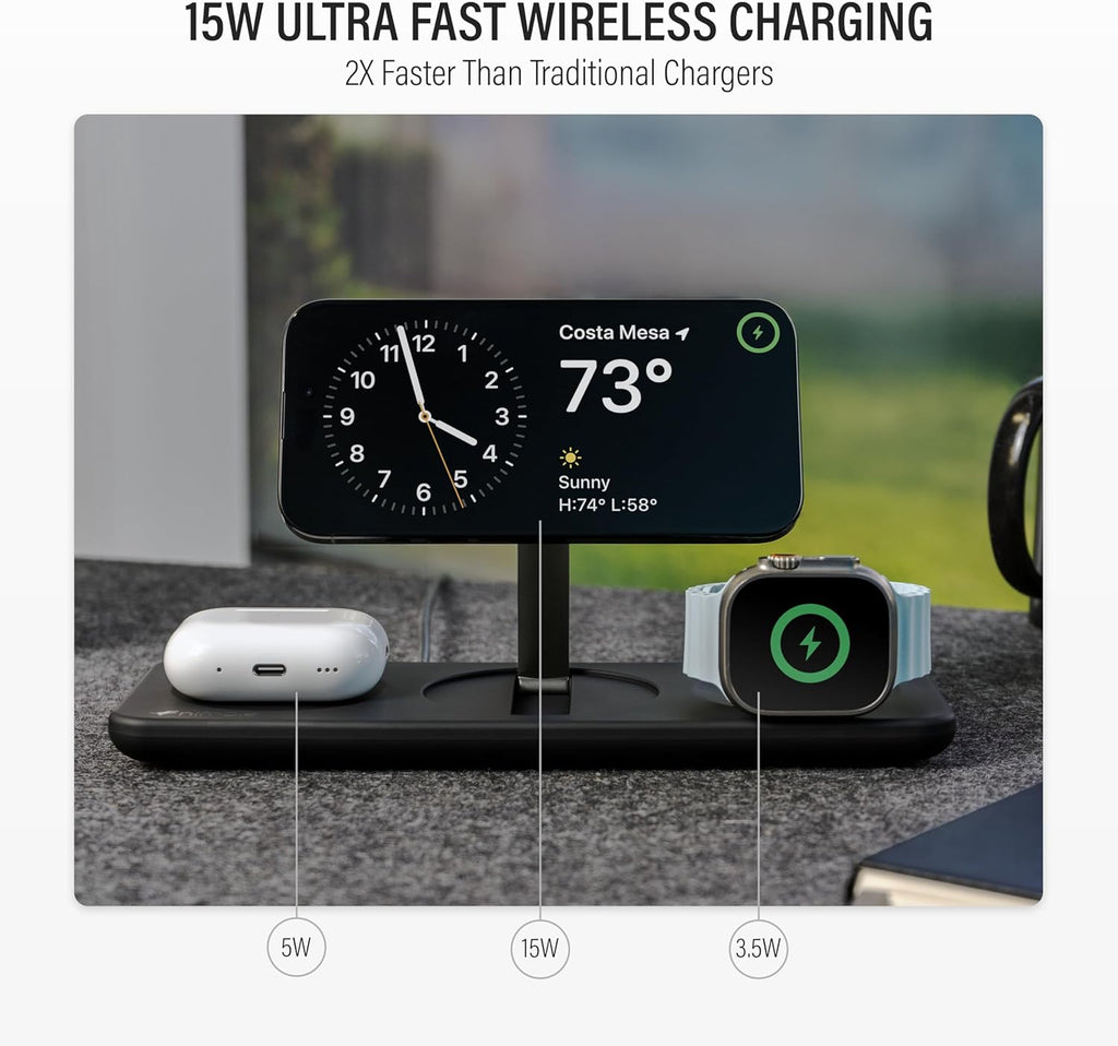 Nimble Podium 3-in-1 Wireless Charging Station for Apple, Qi2-Certified 15W Magsafe Charger Stand, Wireless Charger for iPhone 17 16 15 14 13 - Apple Watch - Airpods Series (Charger & USB-C Included)