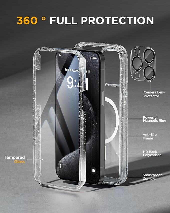 Miracase Magnetic for iPhone 15 Pro Case [Compatible with MagSafe] Full-Body Phone case with Built-in Glass Screen Protector& Camera Protector, Military Drop Proof 15 Pro Cover, Magnetic Clear Glitter