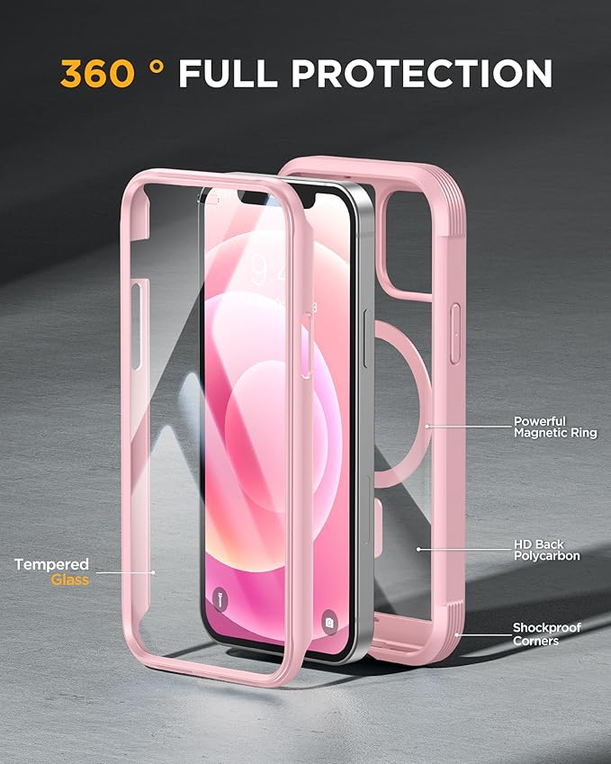 Miracase Magnetic for iPhone 12 mini Case, [360 Full-Body Protection & Complete Camera Guard], Drop & Scratch-Resistant, Shockproof, Stylish Clear iPhone Case, iPhone 12 mini Cover, Gray Pink