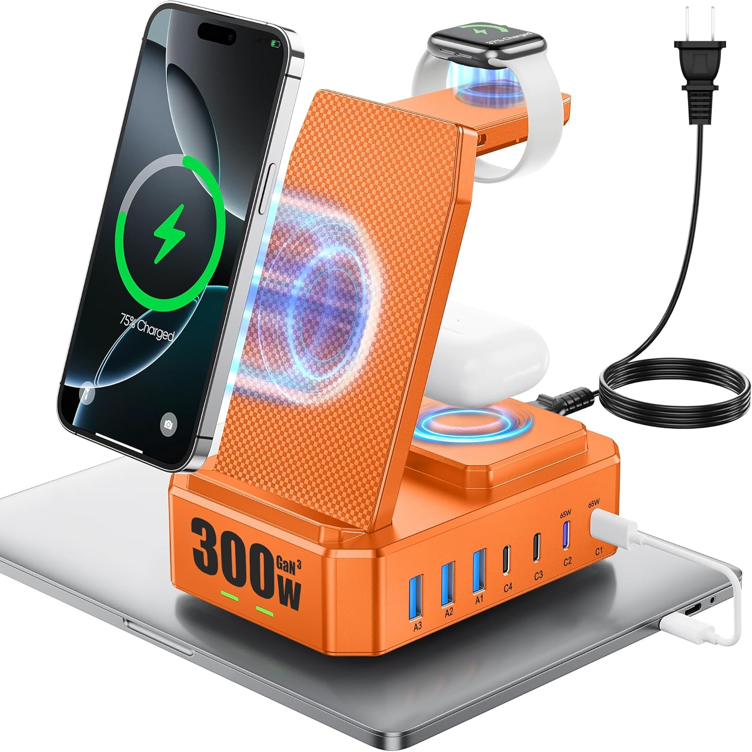 300W Charging Station for Multiple Devices Apple, Zutspzss 10 in 1 Wireless Charger for iPhone 16, GaN III USB C 65W PD Fast Charging Stand Dock for MacBook, Apple Watch&Airpods,Orange
