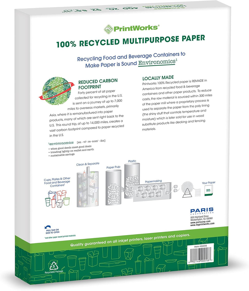 PrintWorks 100% Recycled Printer Paper 8.5" x 11" White - 20 lb Copy & Multipurpose Computer Paper - 1 Pack, 400 Sheets - Made in the USA - 92 Bright - Printer & Copier Compatible (00018)