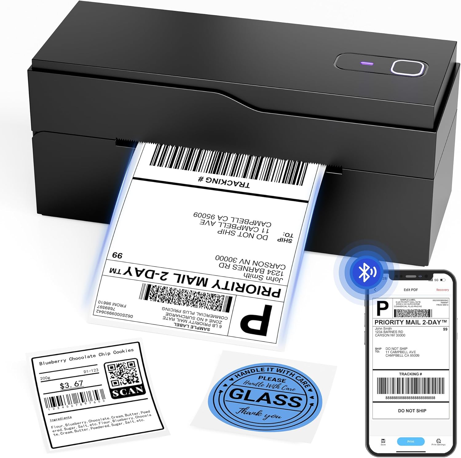 Bluetooth Thermal Shipping Label Printer – Wireless 4x6 Shipping Label Printer for Small Business & Shipping Packages, Support Android, iPhone and Windows, Widely Used for Amazon, Ebay, Shopify, Etsy