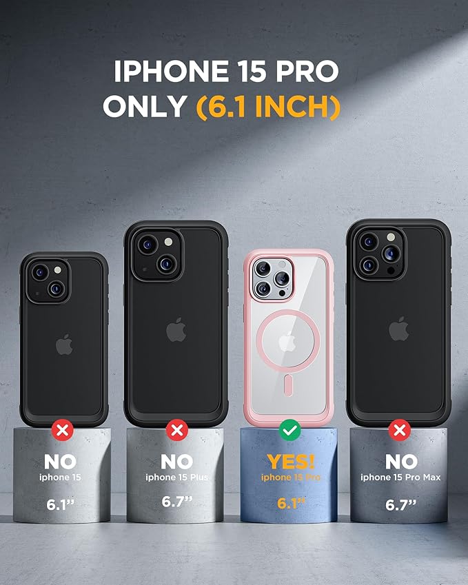 Miracase Magnetic for iPhone 15 Pro Case [Compatible with MagSafe] Full-Body Phone case with Built-in Glass Screen Protector& Camera Protector, Military Drop Proof 15 Pro Cover, Magnetic Pink