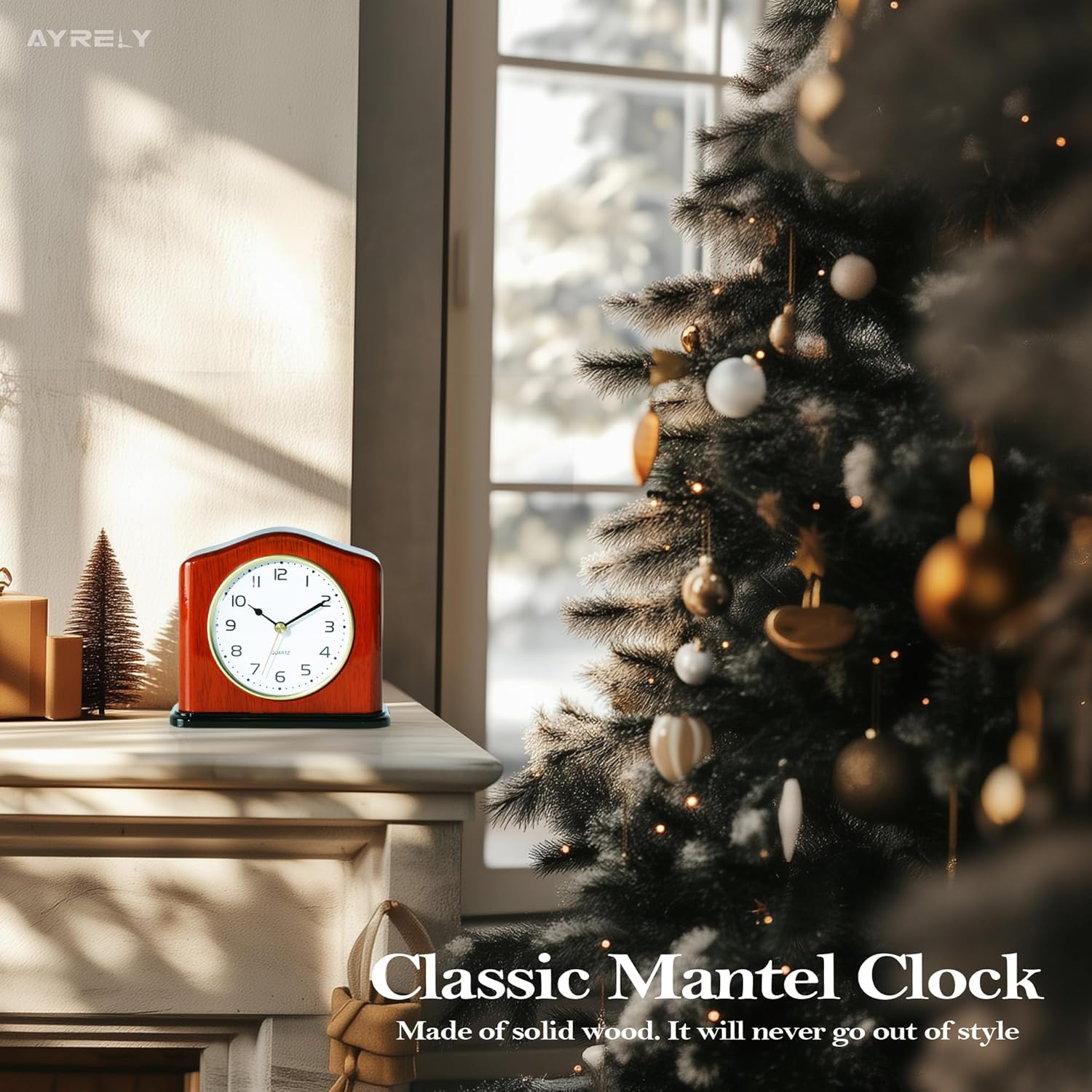 AYRELY® Mantel Clock, Handcrafted Solid Wood Desk Clock with Silent Movement, Piano-Gloss Finish, Elegant Table Clock for Fireplace, Bedroom, Office & Gifts