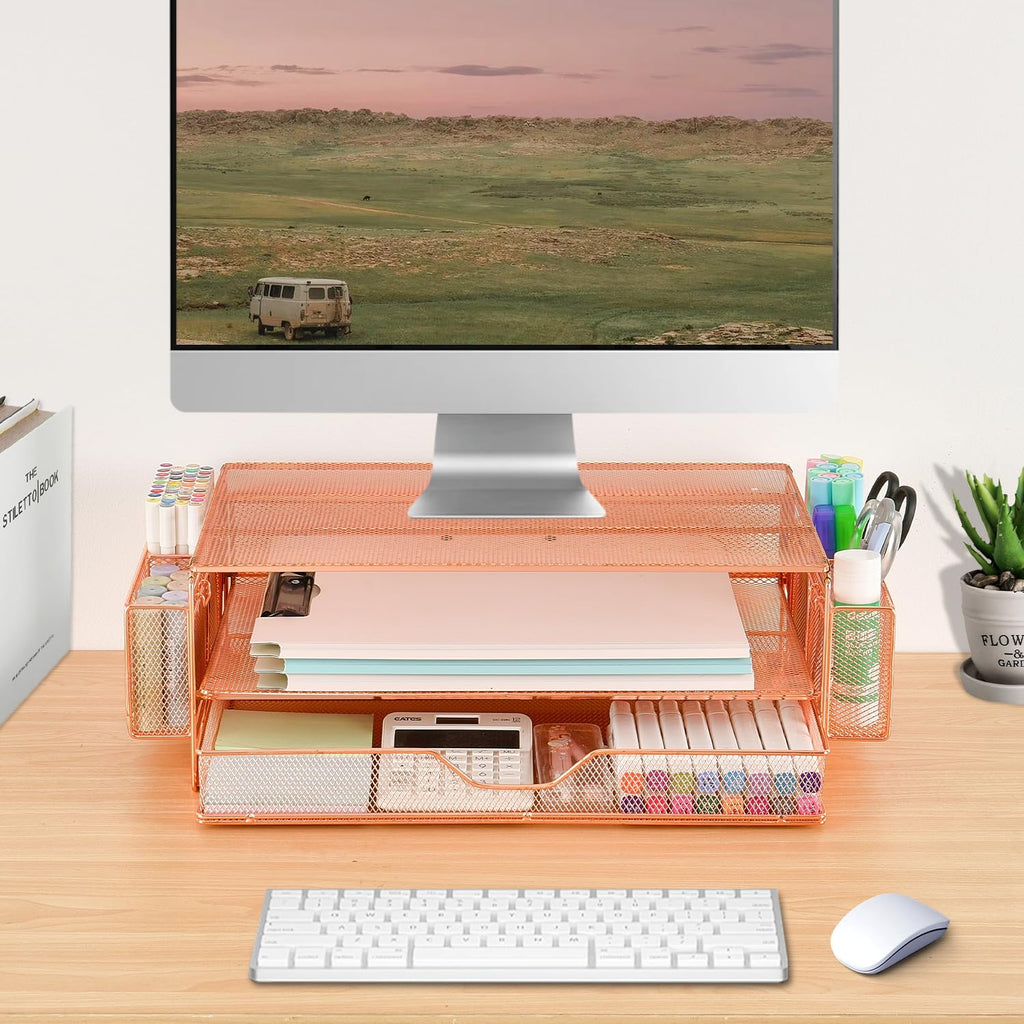 AUPSEN Computer Monitor Stands Riser，2-Tier Desk Organizers and Accessories, Office Desk Accessories Organizer with Drawers and 2 Pen Holder for Office Supplies (Rose Gold)